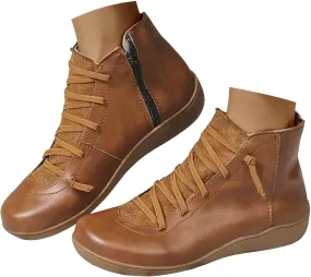 Ankle Boots for Women No Heel, 2024 New Arch Support Cowboy Boots Fashion Lace Up Side Zipper Vintage Short Booties