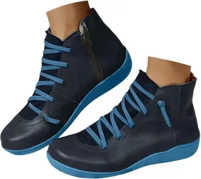 Ankle Boots for Women No Heel, 2024 New Arch Support Cowboy Boots Fashion Lace Up Side Zipper Vintage Short Booties