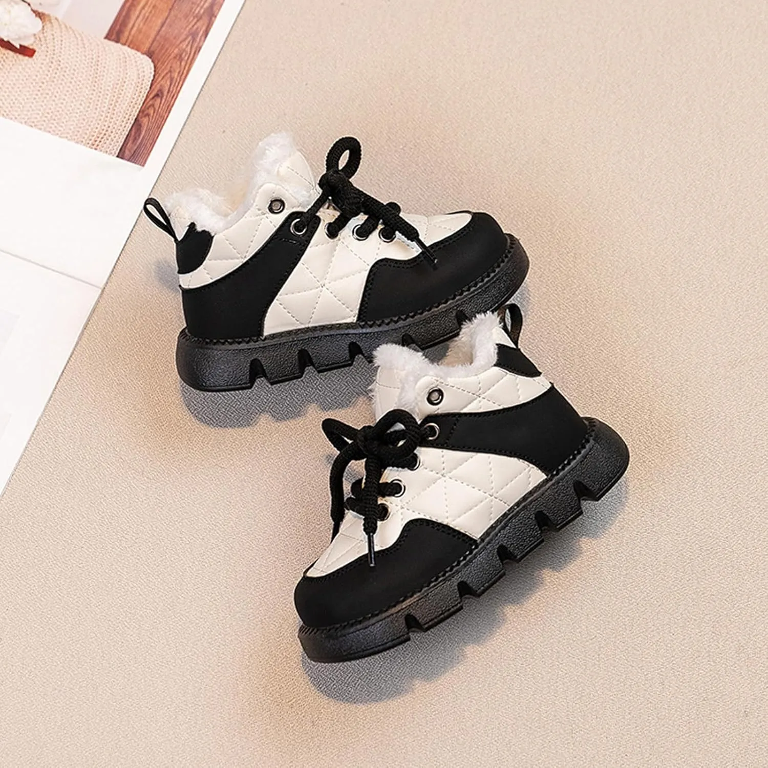 Boys Girls Winter Snow Boots, Warm Fr Lined Toddler Non Slip Water-Proof Ankle Boots Cozy Tennis Shoes for Kids Girls