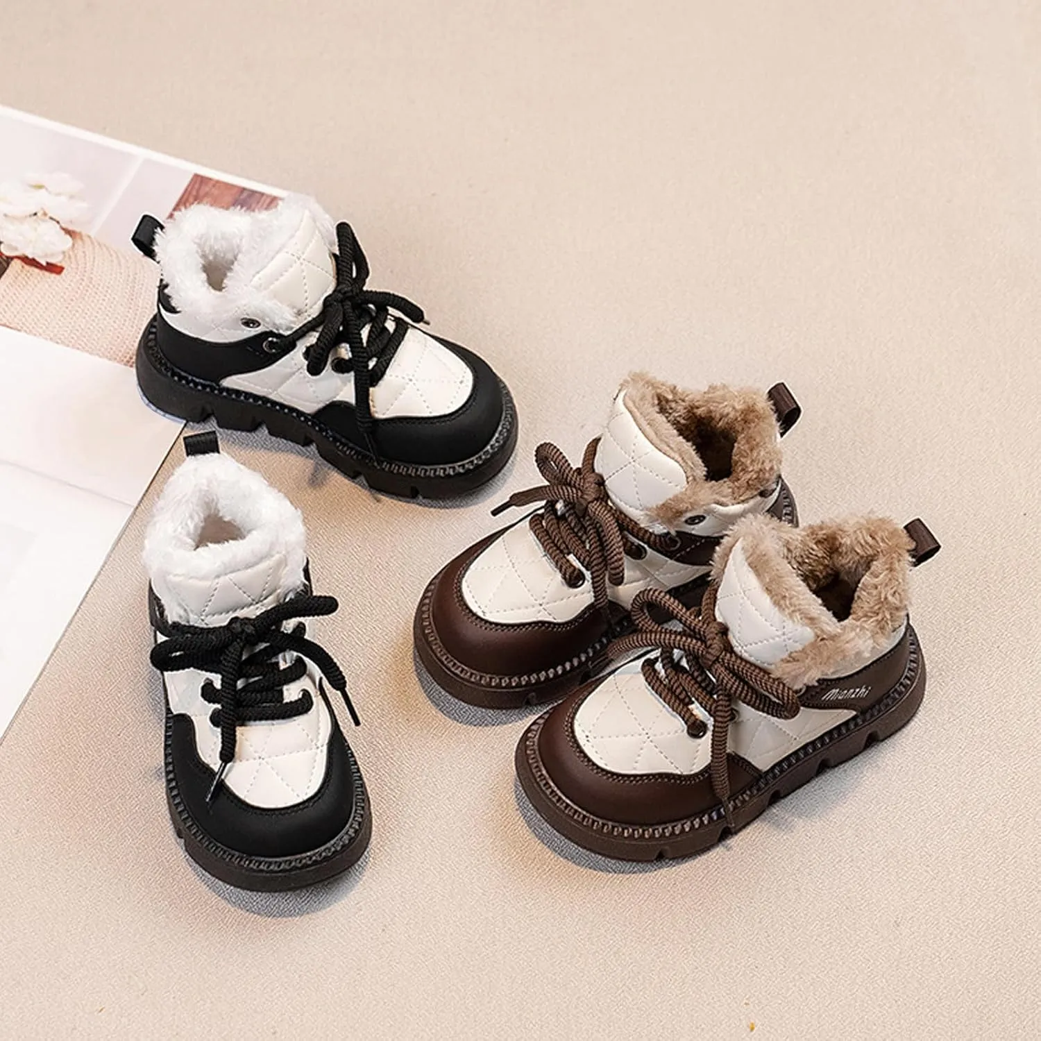 Boys Girls Winter Snow Boots, Warm Fr Lined Toddler Non Slip Water-Proof Ankle Boots Cozy Tennis Shoes for Kids Girls