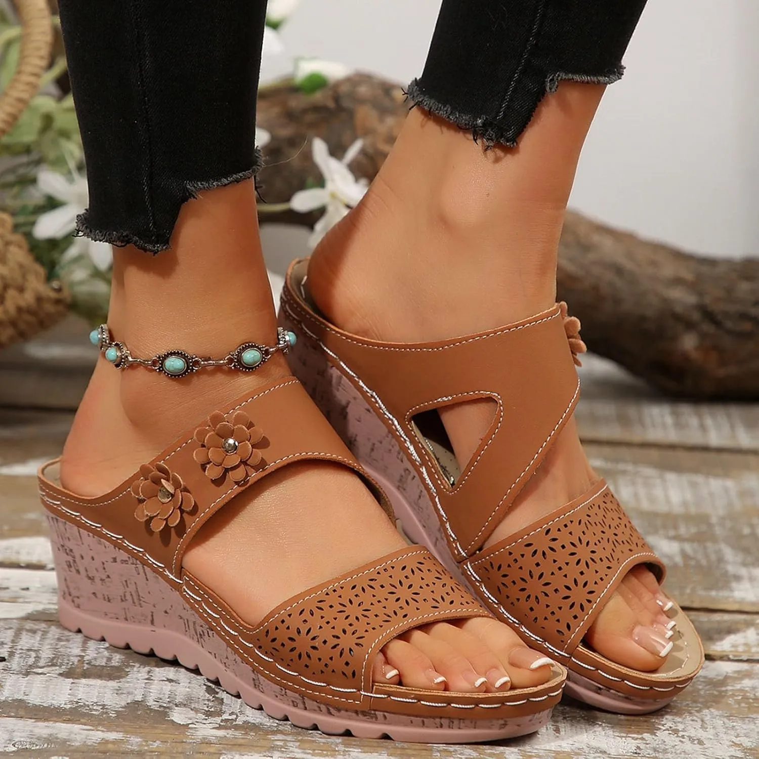 Comfortable Sandals for Women Non Slip Soft Insole Wedge Sandals Summer Cutout Slingback Slippers Lightweight Retro Bohemian Wedge Slippers for All Occasions: Casual, Work, Party