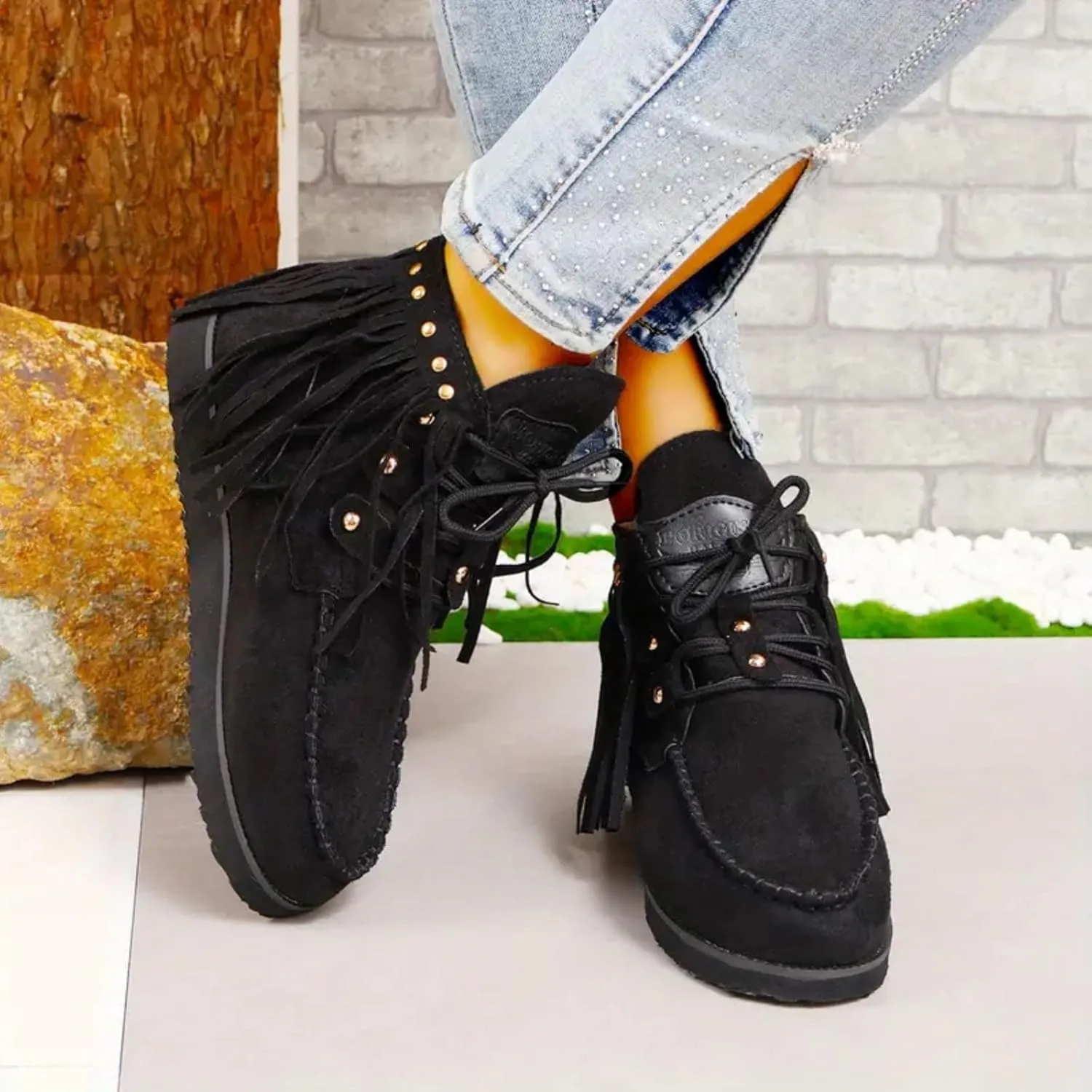 Cowboy Boots for Women Fringe Round Toe Flats Classic Round Toe Slip On Ankle Boots for Women Western Short Cowgirl Boots