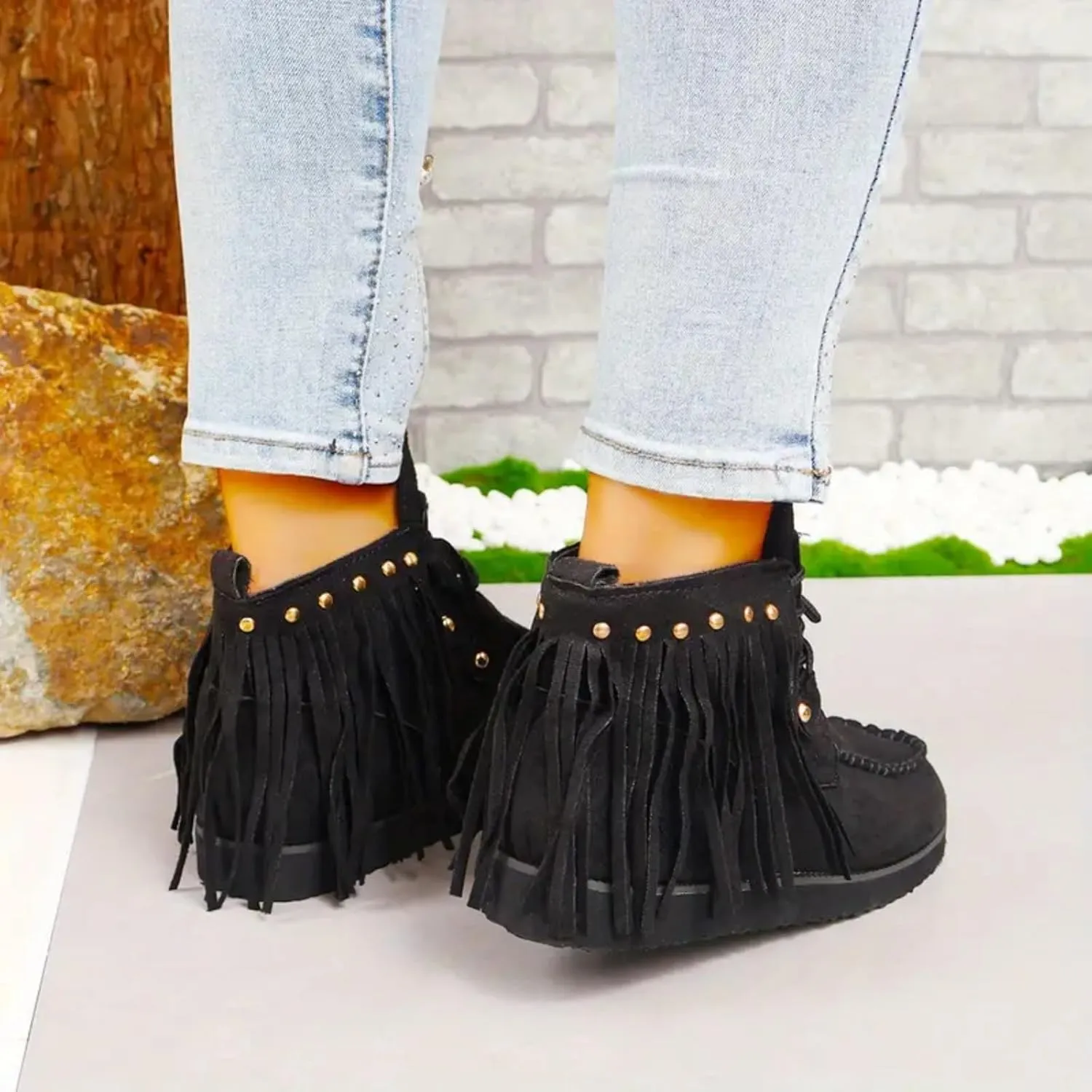 Cowboy Boots for Women Fringe Round Toe Flats Classic Round Toe Slip On Ankle Boots for Women Western Short Cowgirl Boots