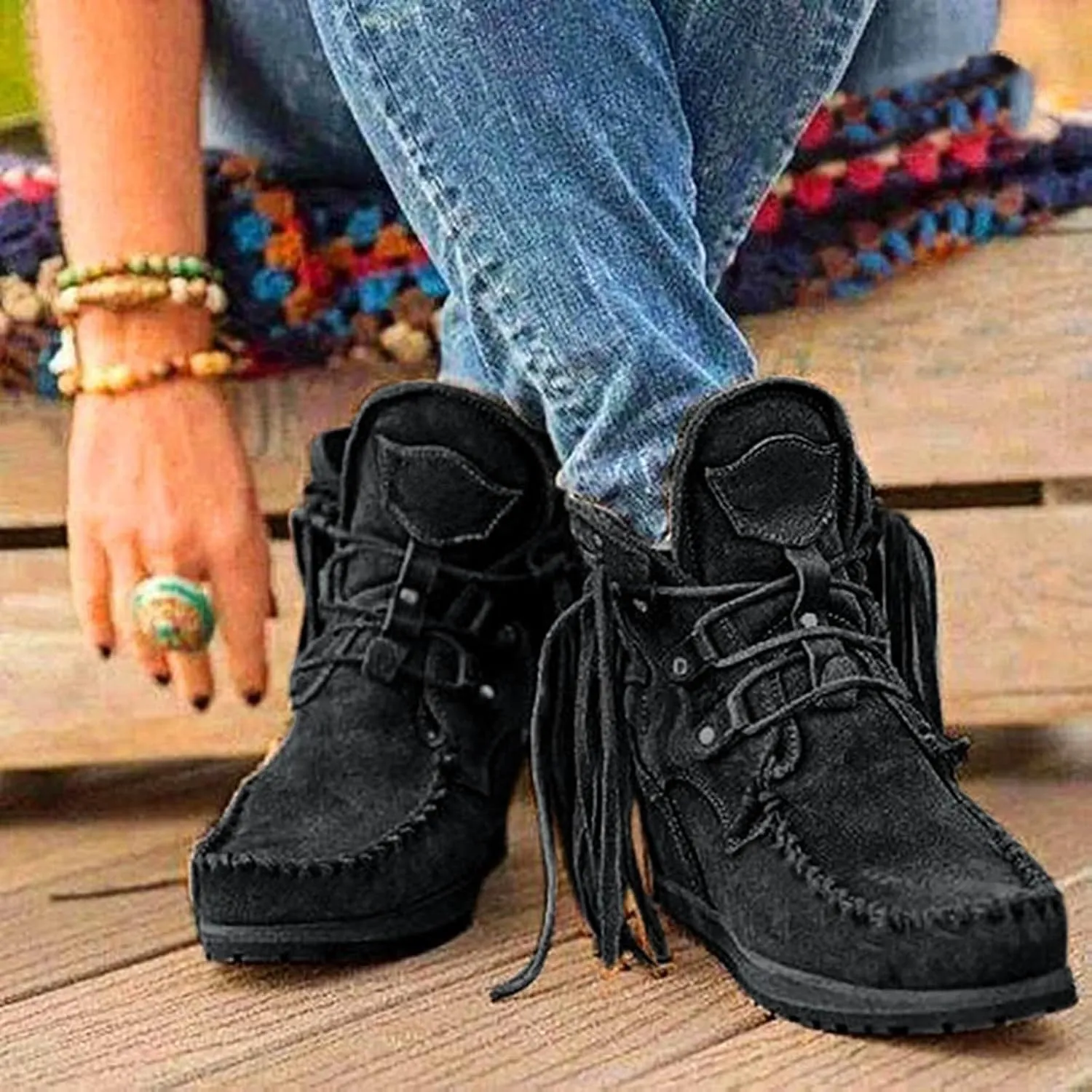 Cowboy Boots for Women Fringe Round Toe Flats Classic Round Toe Slip On Ankle Boots for Women Western Short Cowgirl Boots