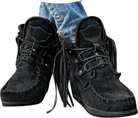 Cowboy Boots for Women Fringe Round Toe Flats Classic Round Toe Slip On Ankle Boots for Women Western Short Cowgirl Boots