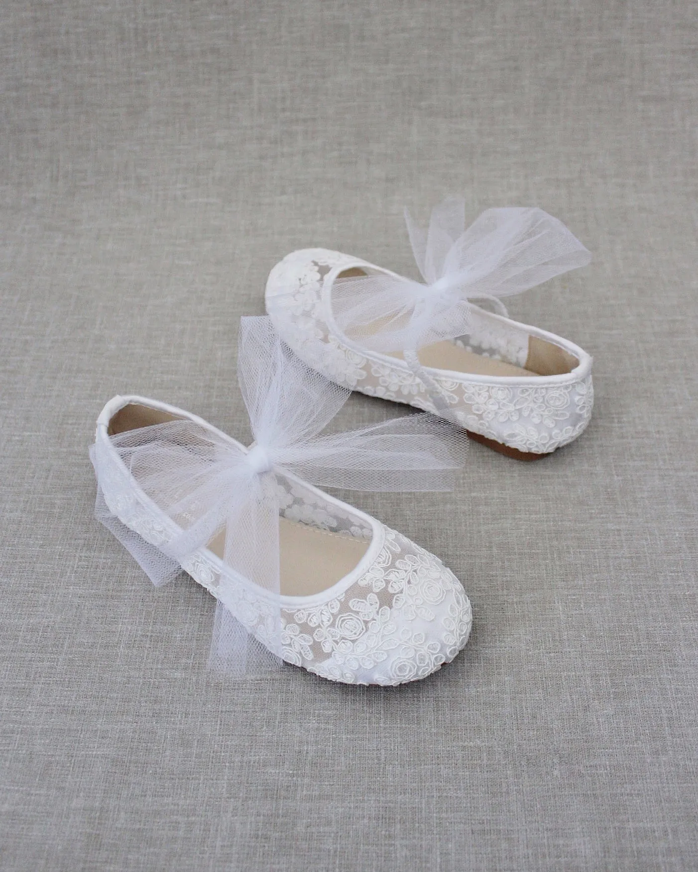 Crochet Lace Mary Jane Flats with Tulle Bow
