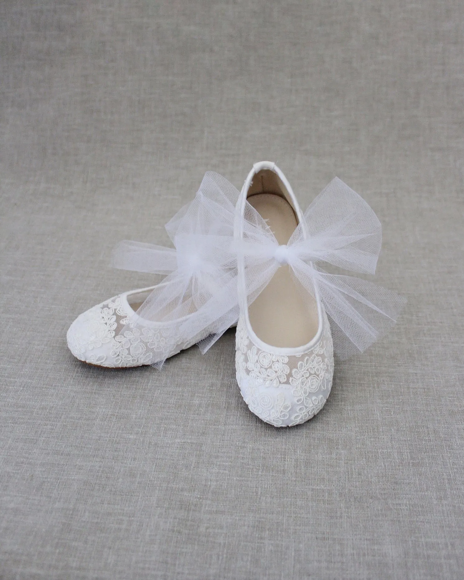 Crochet Lace Mary Jane Flats with Tulle Bow