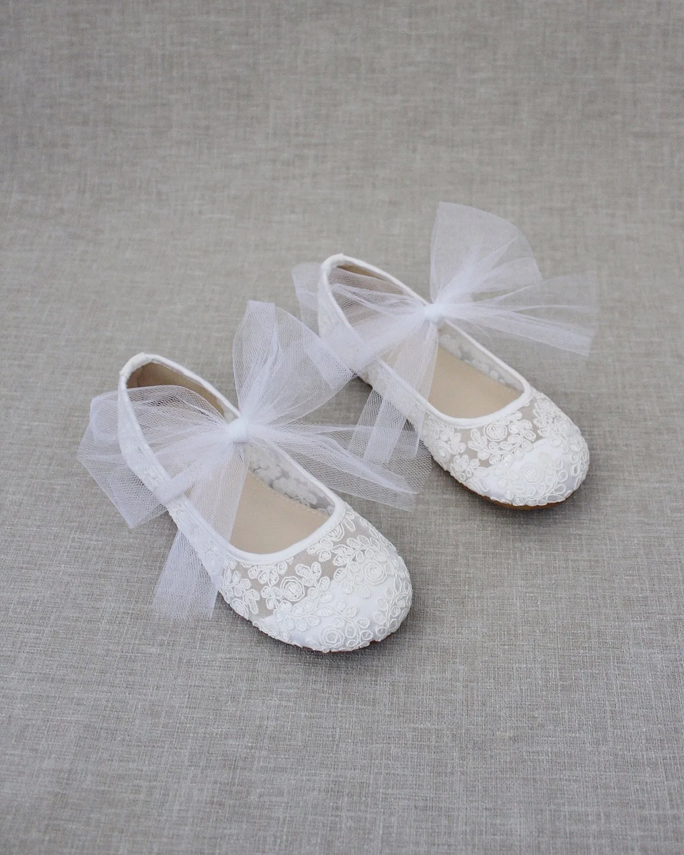 Crochet Lace Mary Jane Flats with Tulle Bow