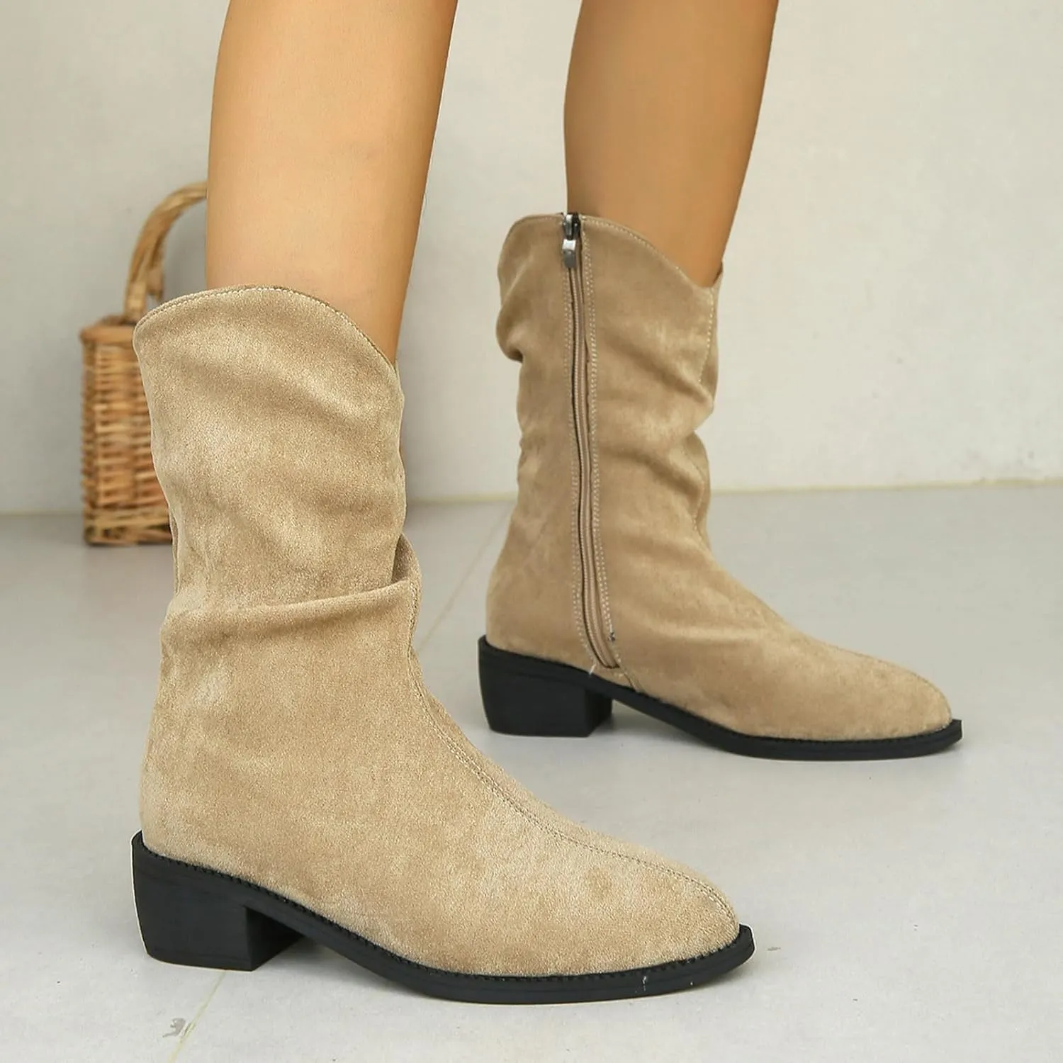 Crzidha Vintage Suede Mid Calf Boots,Block Low Heel Almond Toe Wide Calf Boots Side Zipper Easy On Cowgirl Boots Fashion Riding Boots Classic Western Country Work Boots