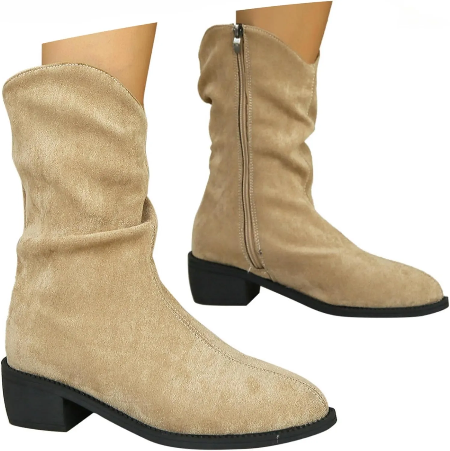 Crzidha Vintage Suede Mid Calf Boots,Block Low Heel Almond Toe Wide Calf Boots Side Zipper Easy On Cowgirl Boots Fashion Riding Boots Classic Western Country Work Boots