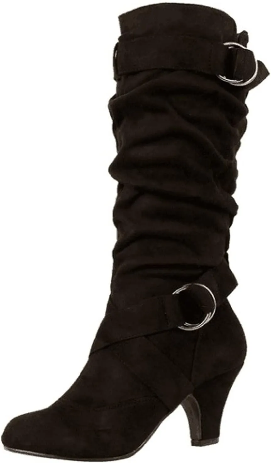 Ctreela Women's Slouchy Mid-Calf Boots Fashion Faux Suede Buckle Bootie Sexy Slip On Pointed Toe Chunky Heel Winter Boots