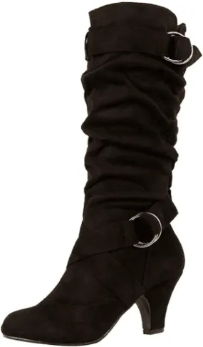 Ctreela Women's Slouchy Mid-Calf Boots Fashion Faux Suede Buckle Bootie Sexy Slip On Pointed Toe Chunky Heel Winter Boots