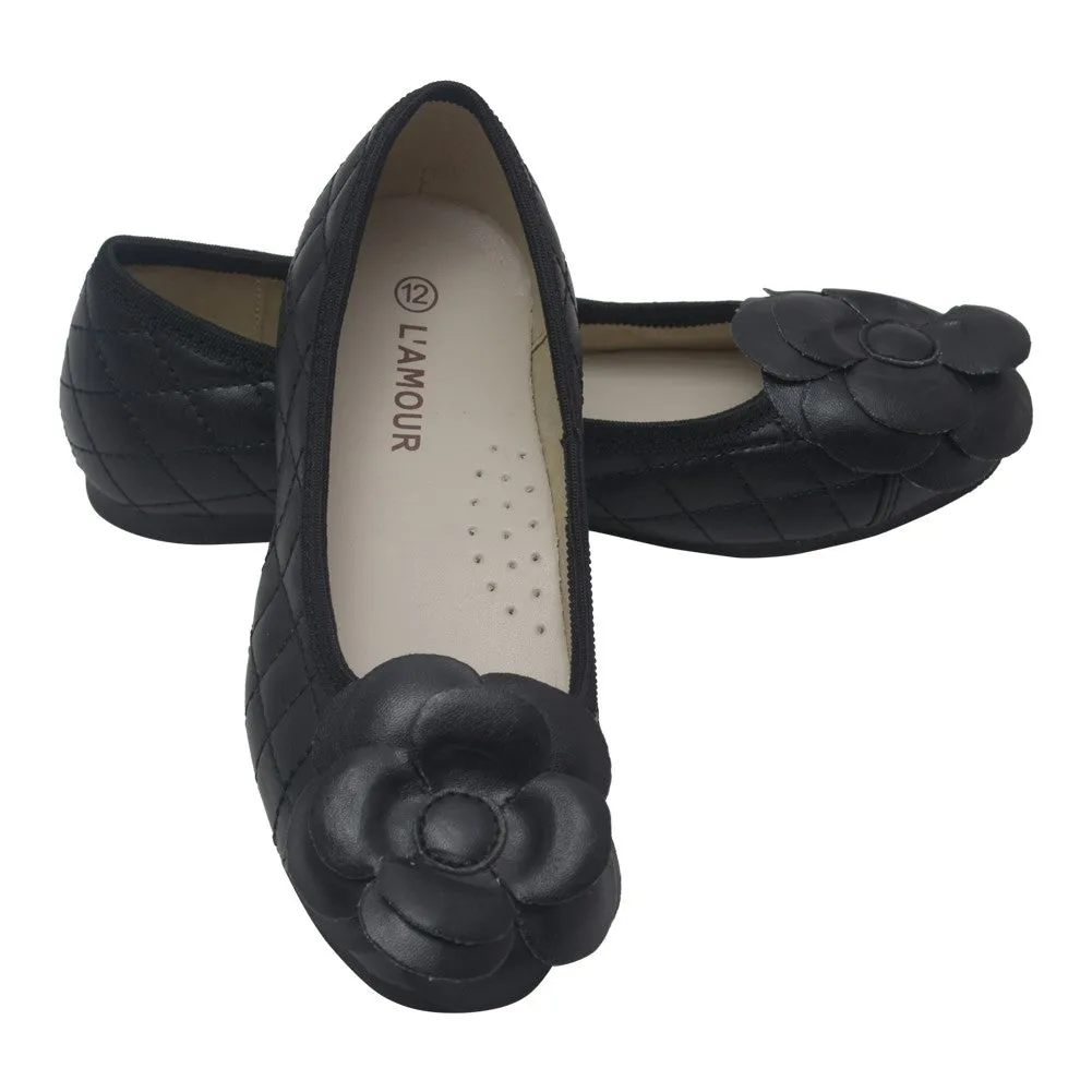 Girls Black Quilted Flower Ballet Trendy Flats 11-4 Kids