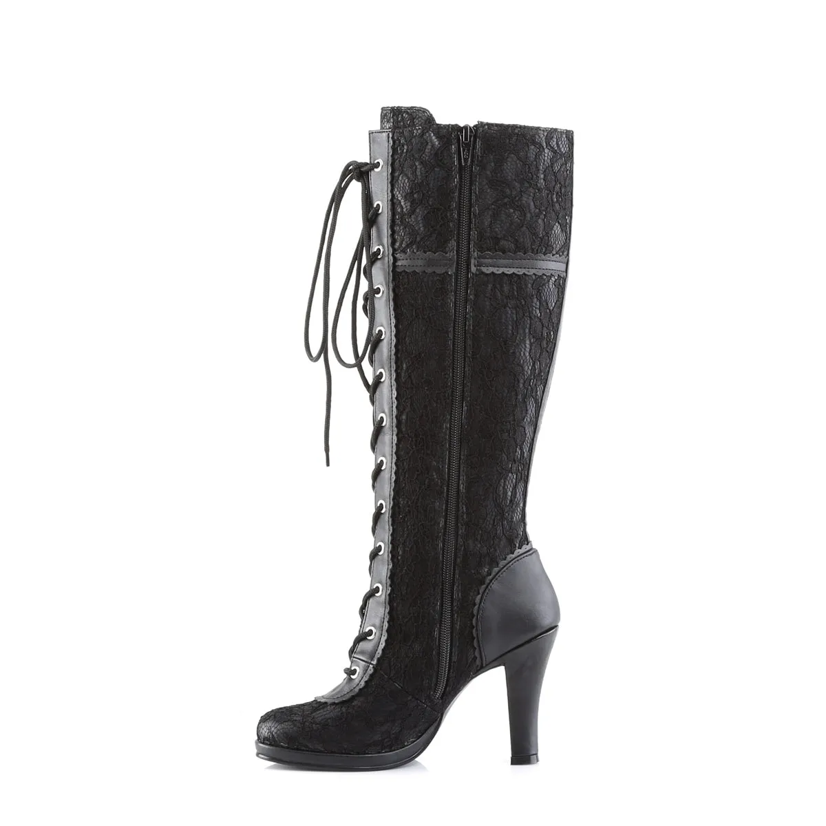 GLAM-240 Demonia Black Vegan Leather-Black Lace Overlay Women's Mid-Calf & Knee High Boots [Alternative Footwear]