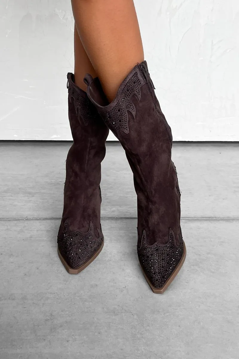 JACKSON Diamanté Detail Cowboy Western Boots - Chocolate Brown