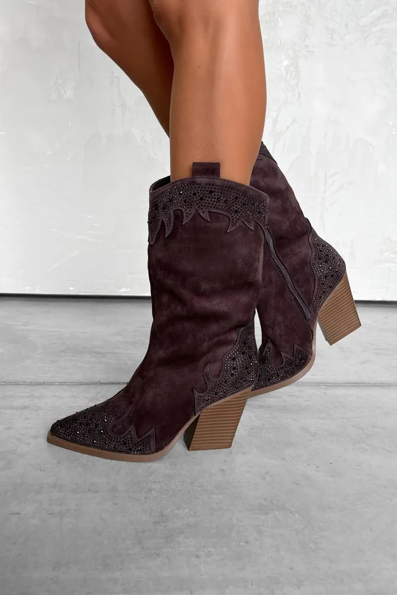 JACKSON Diamanté Detail Cowboy Western Boots - Chocolate Brown