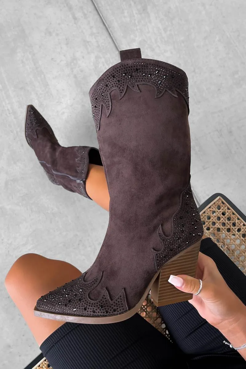 JACKSON Diamanté Detail Cowboy Western Boots - Chocolate Brown