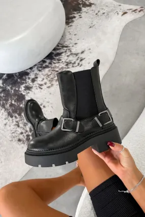 JANEY Chunky Buckle Biker Boots - Black