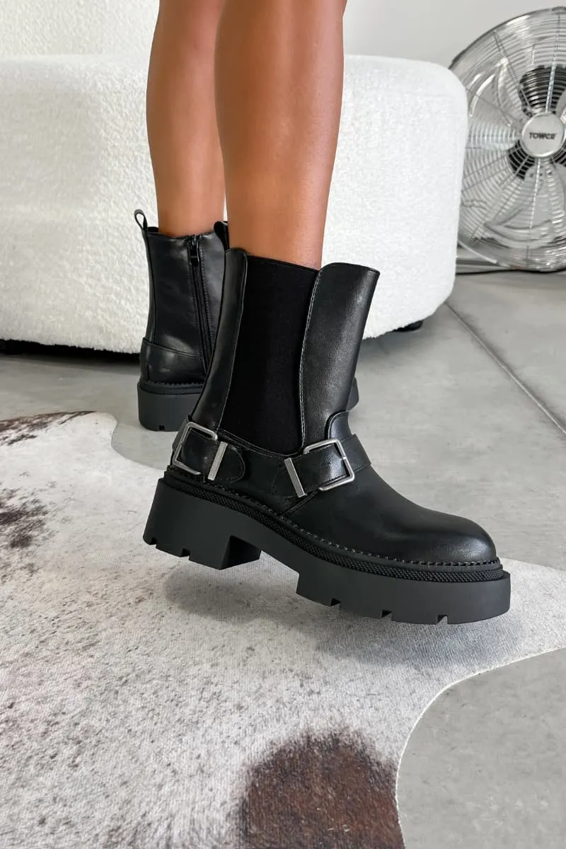 JANEY Chunky Buckle Biker Boots - Black
