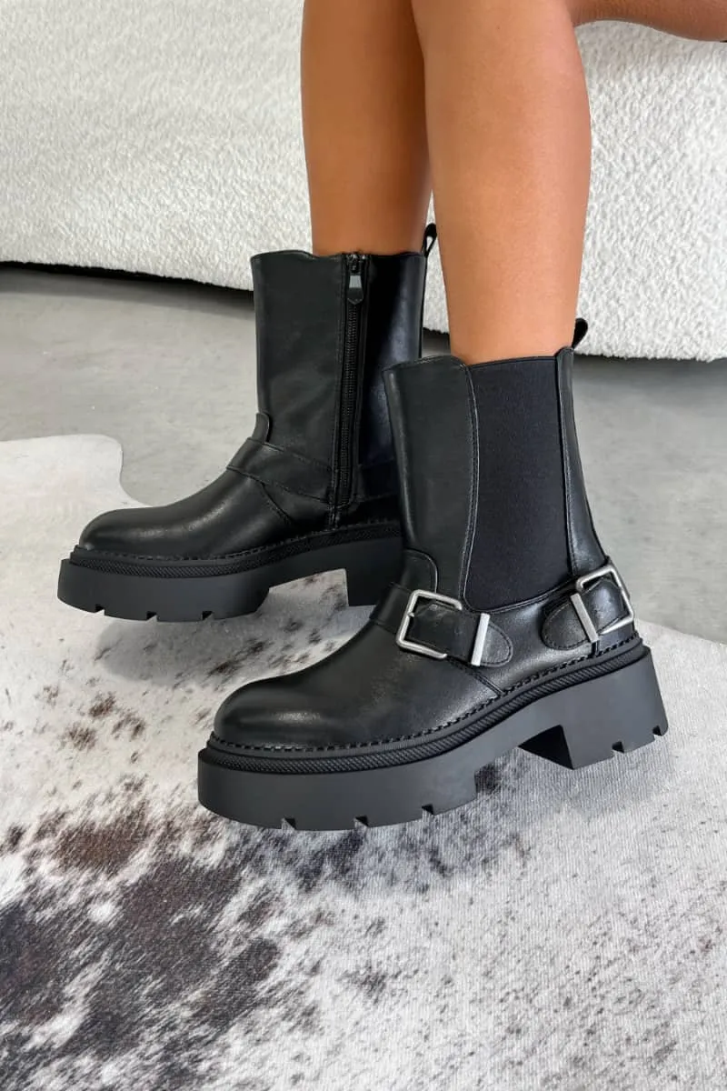JANEY Chunky Buckle Biker Boots - Black