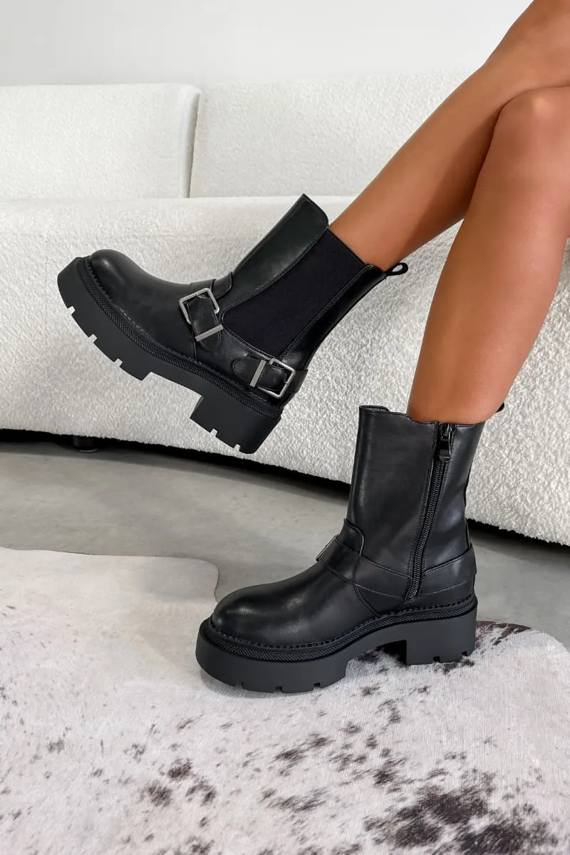 JANEY Chunky Buckle Biker Boots - Black