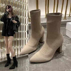 Joskaa 2024 New Women's Pointed Fashion Slim Socks and Boots Casual Fashion Thick High Heel Socks and Boots