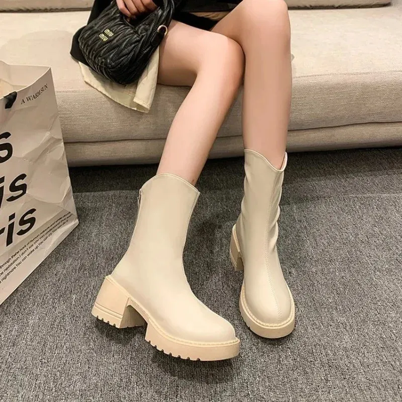Joskaa Heeled Footwear Women's Ankle Boots Work Very High Heels Brown Chunky Platform Short Shoes for Woman Waterproof Booties Black Pu