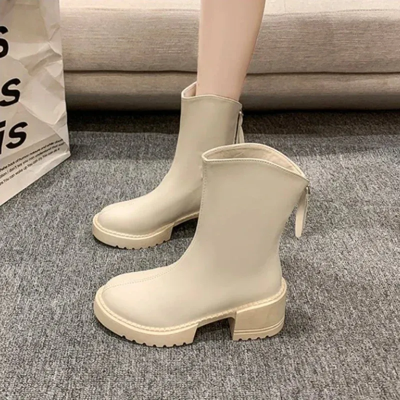 Joskaa Heeled Footwear Women's Ankle Boots Work Very High Heels Brown Chunky Platform Short Shoes for Woman Waterproof Booties Black Pu