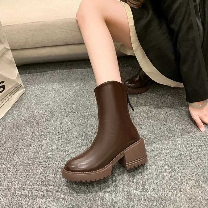Joskaa Heeled Footwear Women's Ankle Boots Work Very High Heels Brown Chunky Platform Short Shoes for Woman Waterproof Booties Black Pu