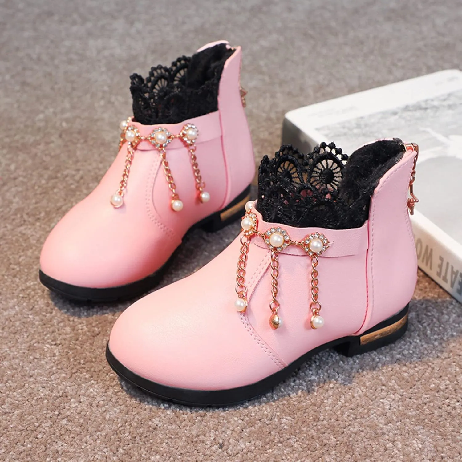 Kids Girls Ankle Bootie With Side Buckle and Zipper,Dress Boot -Youth Toddler Walking Shoes Fragile Strap Girls Low