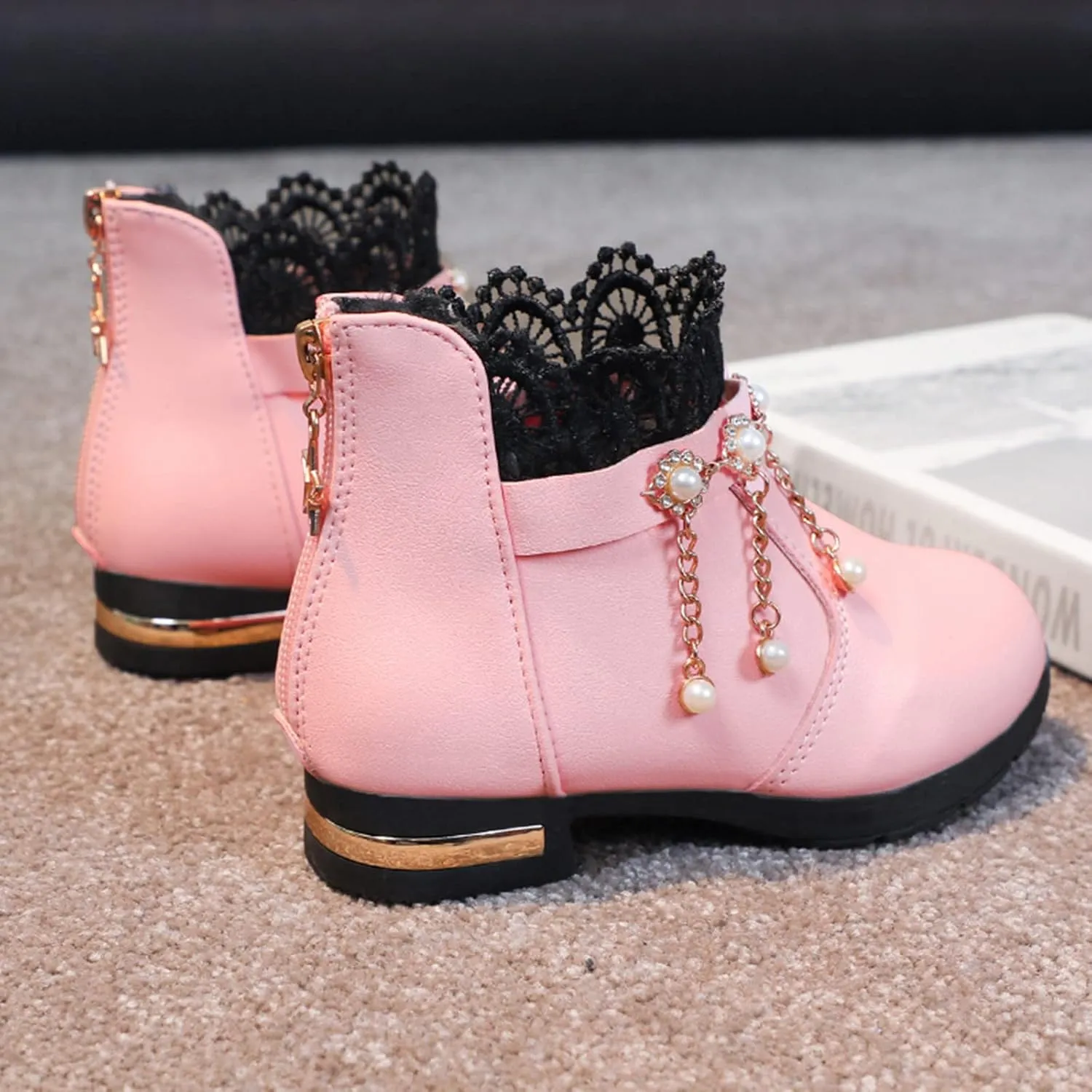 Kids Girls Ankle Bootie With Side Buckle and Zipper,Dress Boot -Youth Toddler Walking Shoes Fragile Strap Girls Low