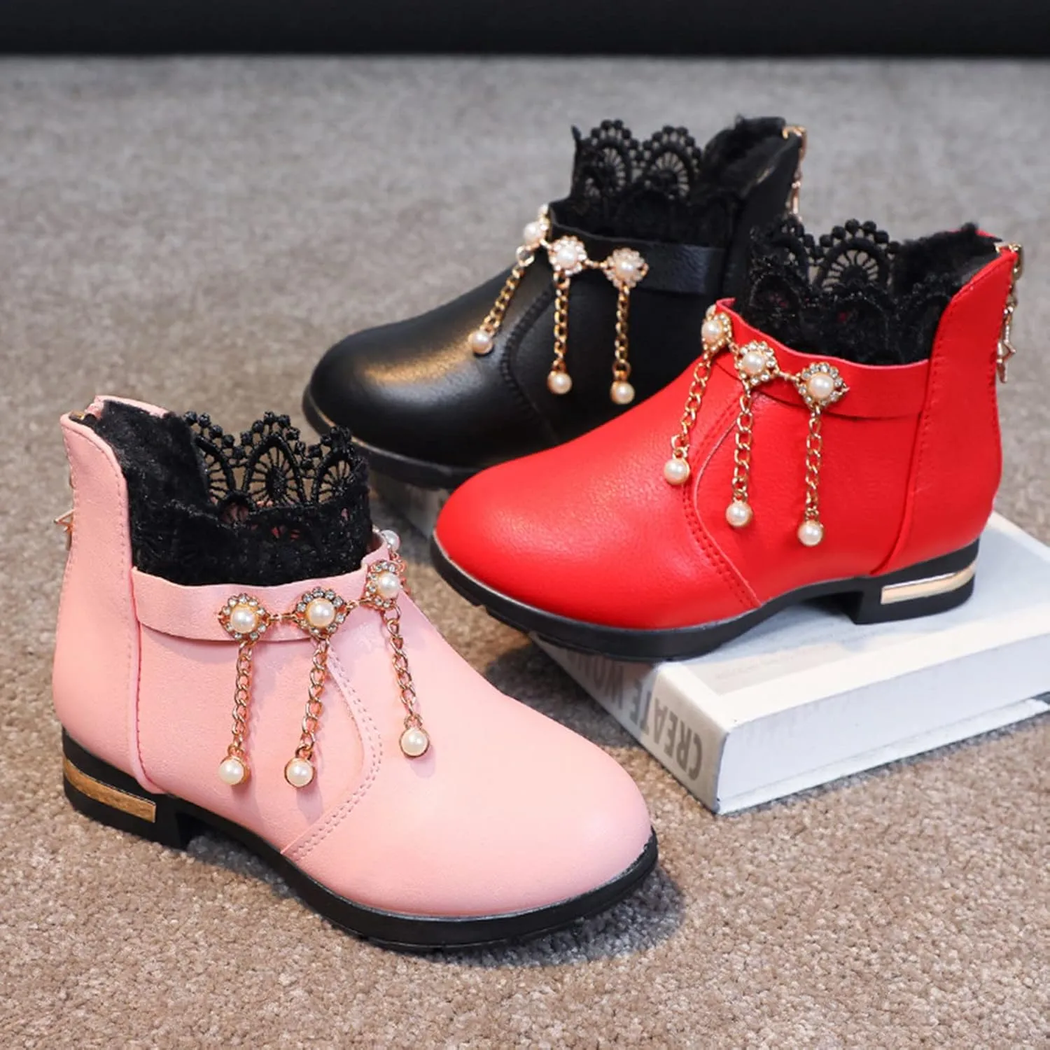 Kids Girls Ankle Bootie With Side Buckle and Zipper,Dress Boot -Youth Toddler Walking Shoes Fragile Strap Girls Low