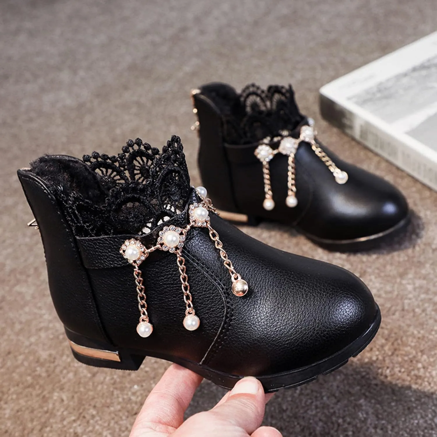 Kids Girls Ankle Bootie With Side Buckle and Zipper,Dress Boot -Youth Toddler Walking Shoes Fragile Strap Girls Low