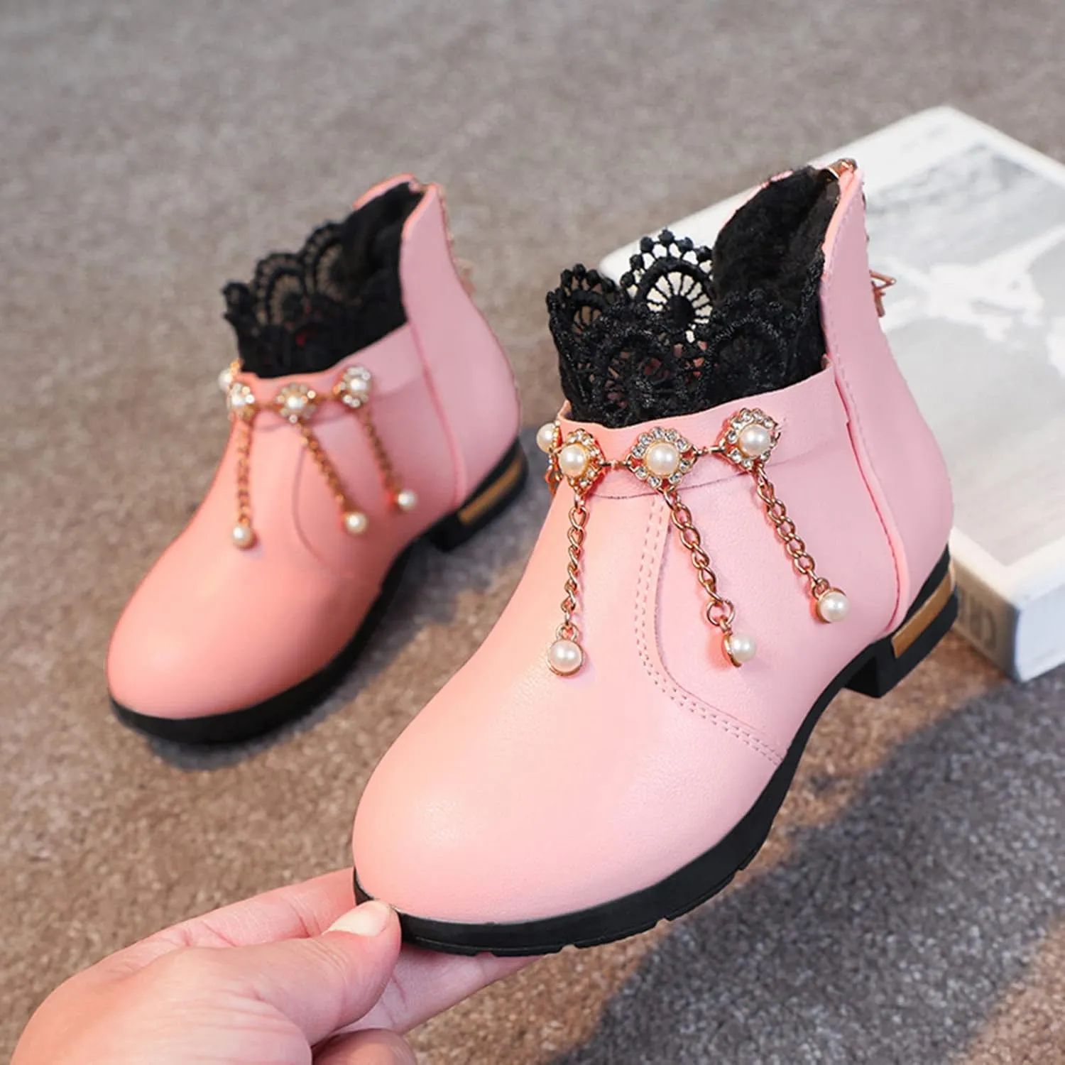 Kids Girls Ankle Bootie With Side Buckle and Zipper,Dress Boot -Youth Toddler Walking Shoes Fragile Strap Girls Low