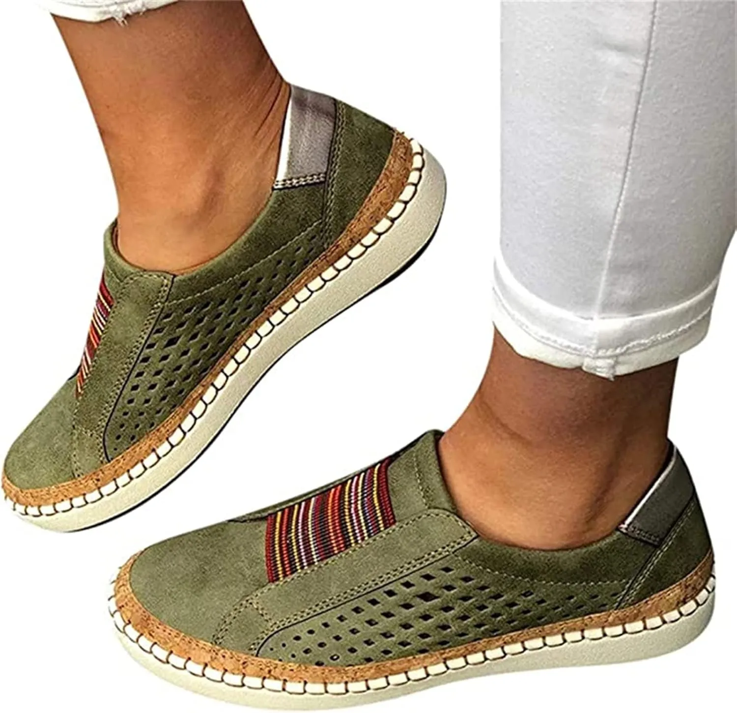 Ladmiple Sneakers For Women Slip On Wide Width Casual Leather Walking Shoes Dressy Casual Summer Lace Up Platform Loafer
