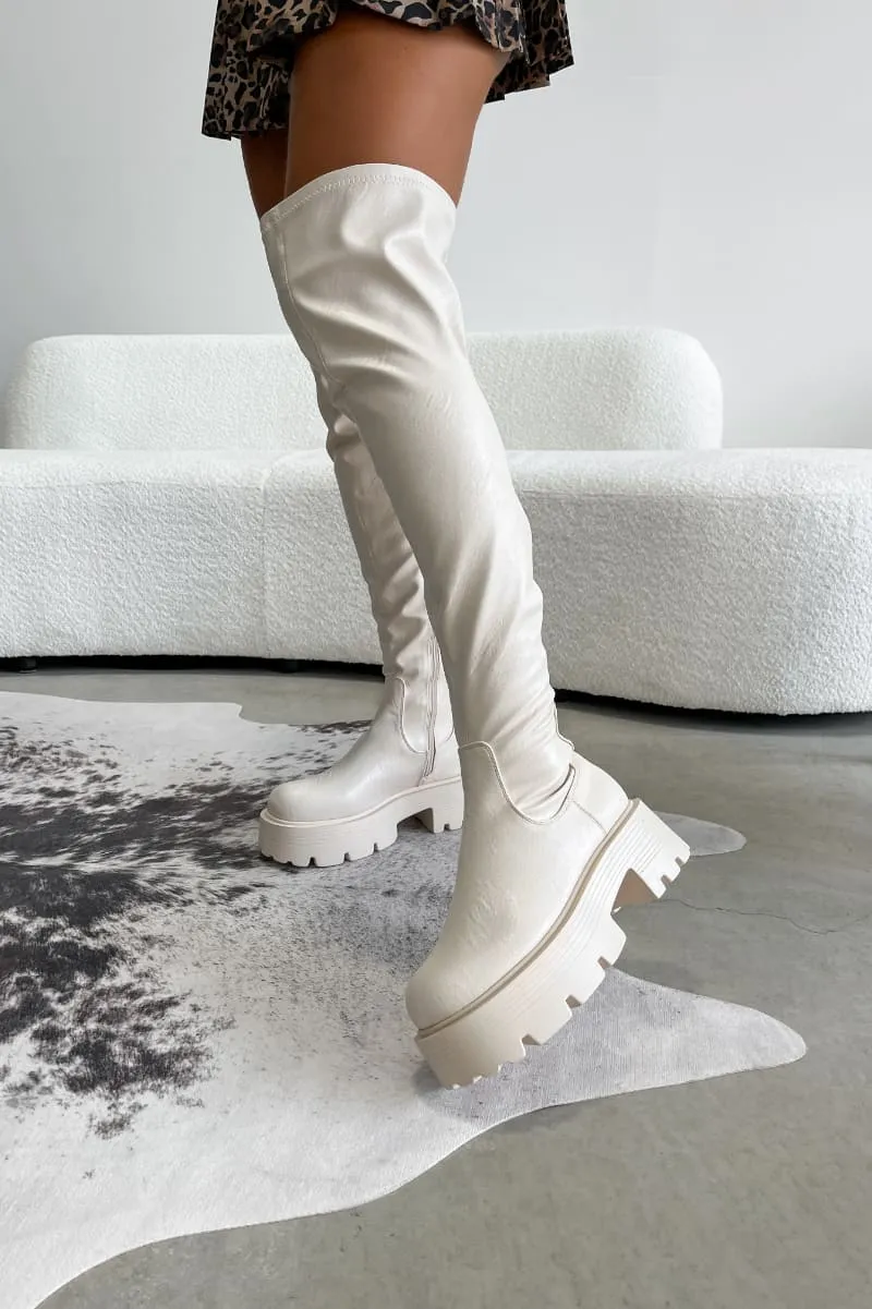 LIBERTY Chunky Over The Knee Boots - Cream PU