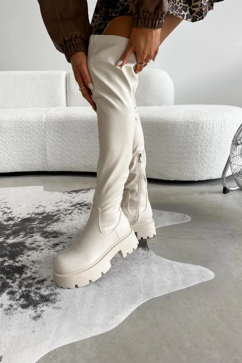 LIBERTY Chunky Over The Knee Boots - Cream PU