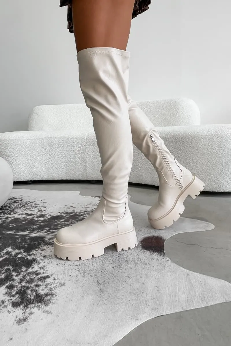 LIBERTY Chunky Over The Knee Boots - Cream PU