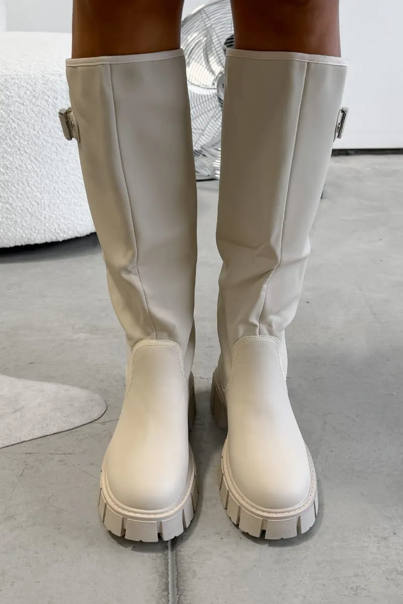 MAYA Chunky Buckle Rain Boots - Beige