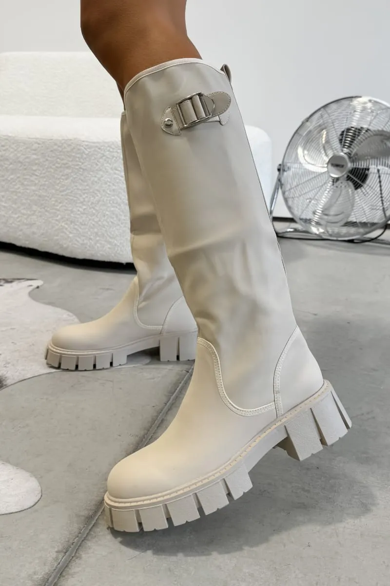 MAYA Chunky Buckle Rain Boots - Beige