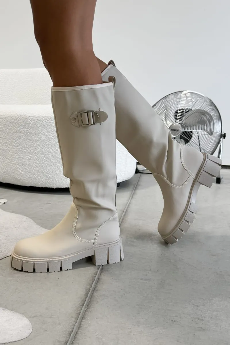 MAYA Chunky Buckle Rain Boots - Beige