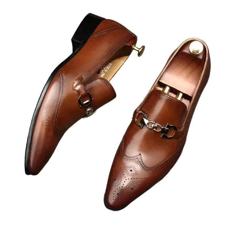 Men's Pointed Oxford Leather Dress Shoes – Classic English Style with Carved Details, Size 46