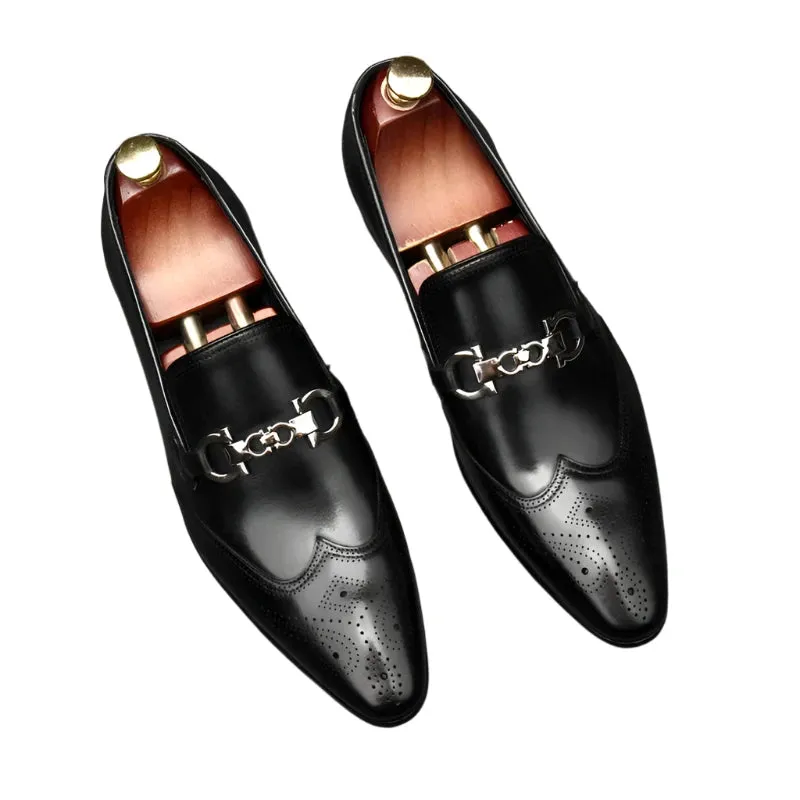 Men's Pointed Oxford Leather Dress Shoes – Classic English Style with Carved Details, Size 46