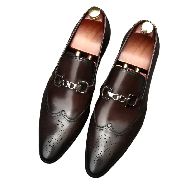 Men's Pointed Oxford Leather Dress Shoes – Classic English Style with Carved Details, Size 46