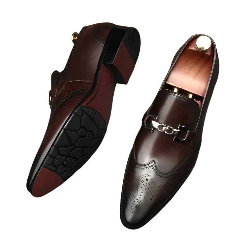 Men's Pointed Oxford Leather Dress Shoes – Classic English Style with Carved Details, Size 46