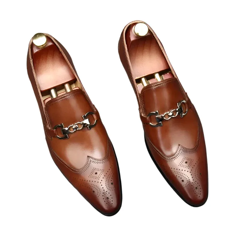 Men's Pointed Oxford Leather Dress Shoes – Classic English Style with Carved Details, Size 46