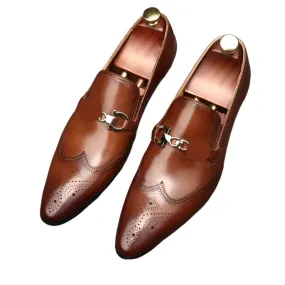 Men's Pointed Oxford Leather Dress Shoes – Classic English Style with Carved Details, Size 46