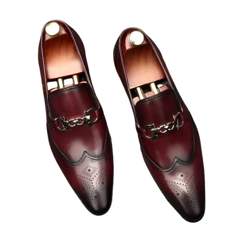 Men's Pointed Oxford Leather Dress Shoes – Classic English Style with Carved Details, Size 46