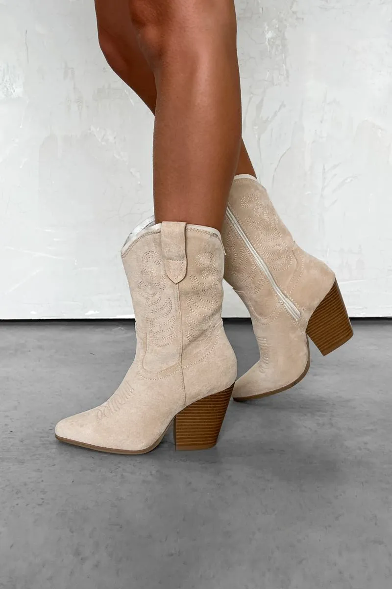 OHIO Western Cowboy Boots - Beige Suede