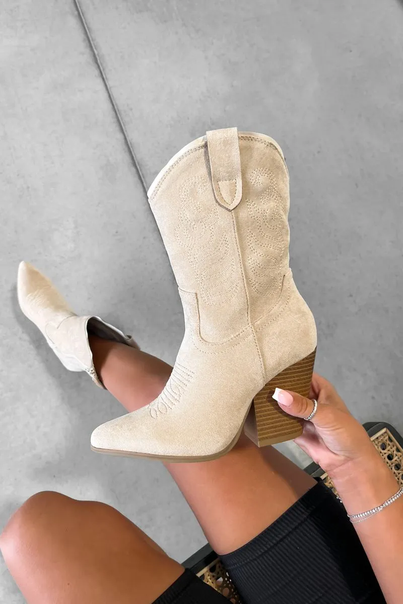 OHIO Western Cowboy Boots - Beige Suede